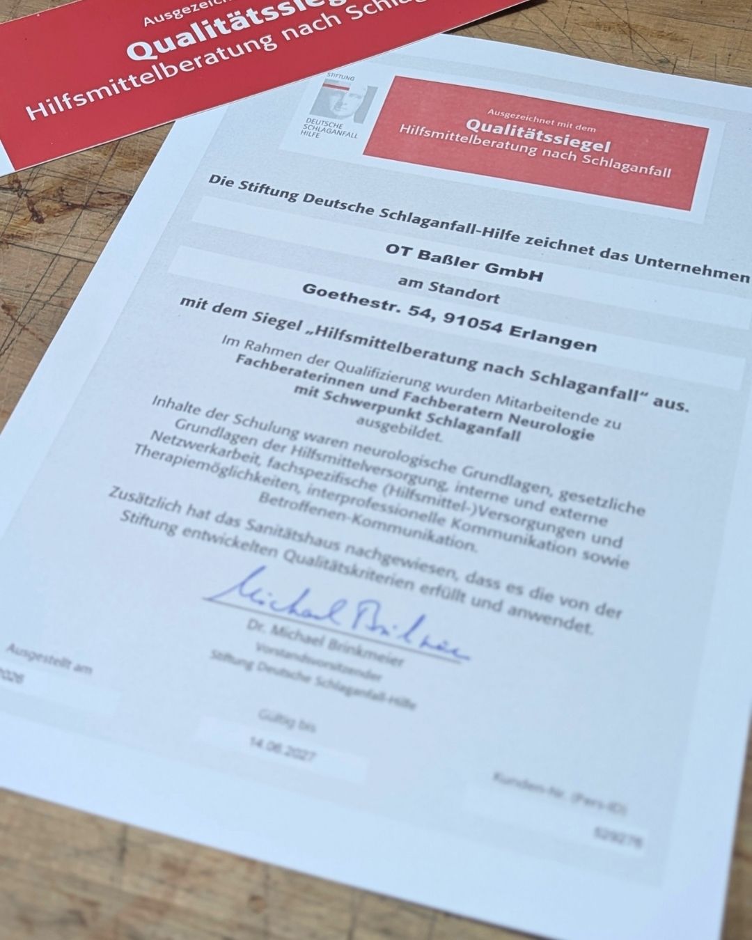 OT Baßler Sanitätshaus. OT Bassler von Deutscher Schlaganfallhilfe ausgezeichnet